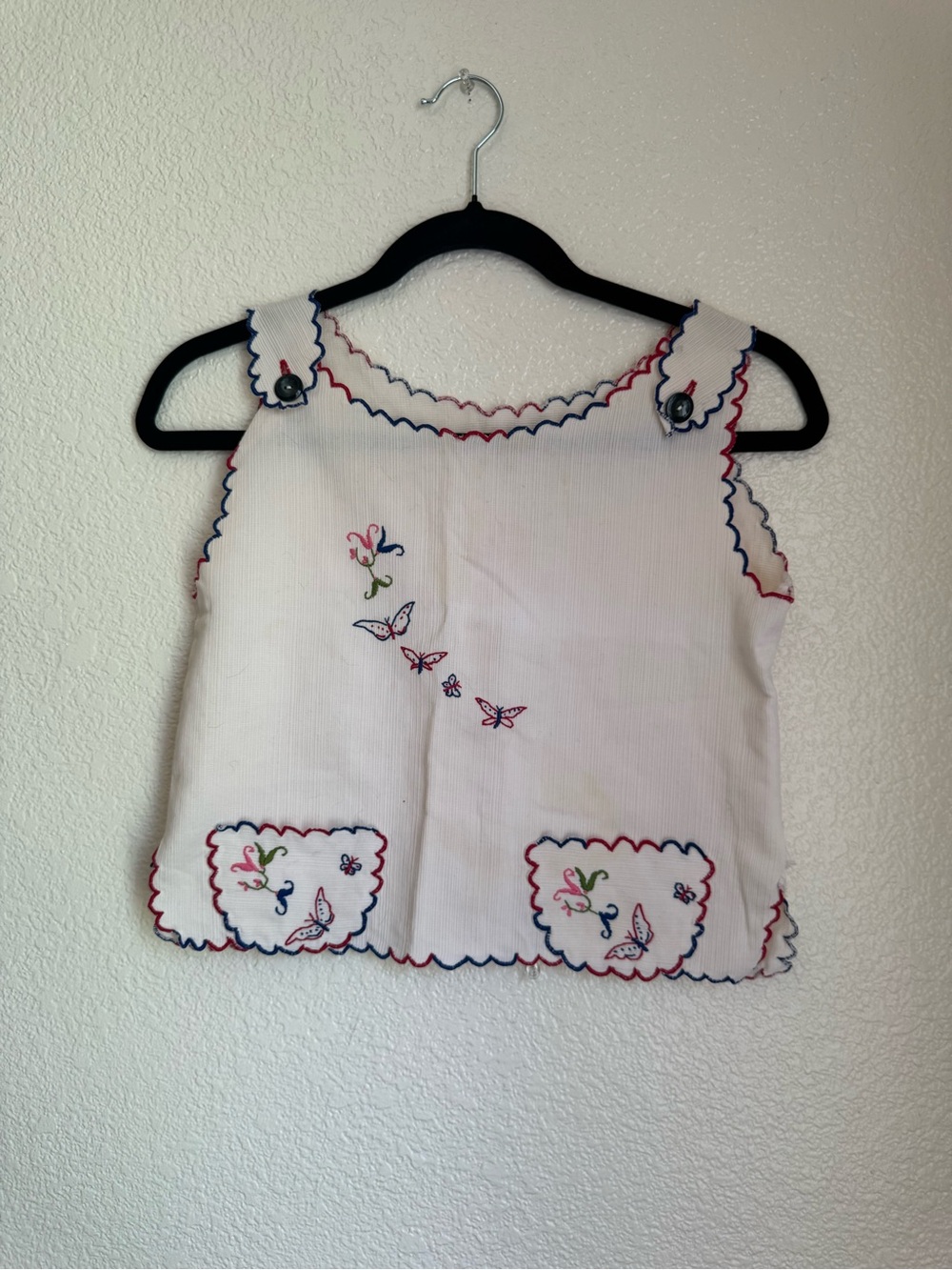 VINTAGE 1970s Embroidered White Girls' Tank Top with Butterfly Motif